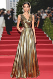 Brilhante dourado metálico V-neck uma linha plissado vestido de gala