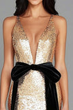 Sereia de Ouro Deep V Neck Sequins Vestido de Gala Longo com Arco Preto