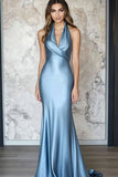 Cinzento Azul Cetim Backless Halter Bainha Vestido Gala