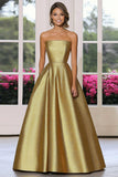 Chic Metallic Gold Satin Uma Linha Strapless Vestido de Gala