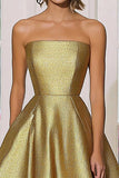 Chic Metallic Gold Satin Uma Linha Strapless Vestido de Gala