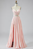 Vestido de Baile Longo com Alças Finas Rosa Linha-A e Fenda