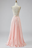 Vestido de Baile Longo com Alças Finas Rosa Linha-A e Fenda