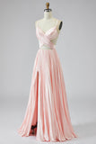 Vestido de Baile Longo com Alças Finas Rosa Linha-A e Fenda