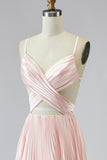 Vestido de Baile Longo com Alças Finas Rosa Linha-A e Fenda