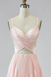 Vestido de Baile Longo com Alças Finas Rosa Linha-A e Fenda