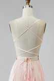 Vestido de Baile Longo com Alças Finas Rosa Linha-A e Fenda