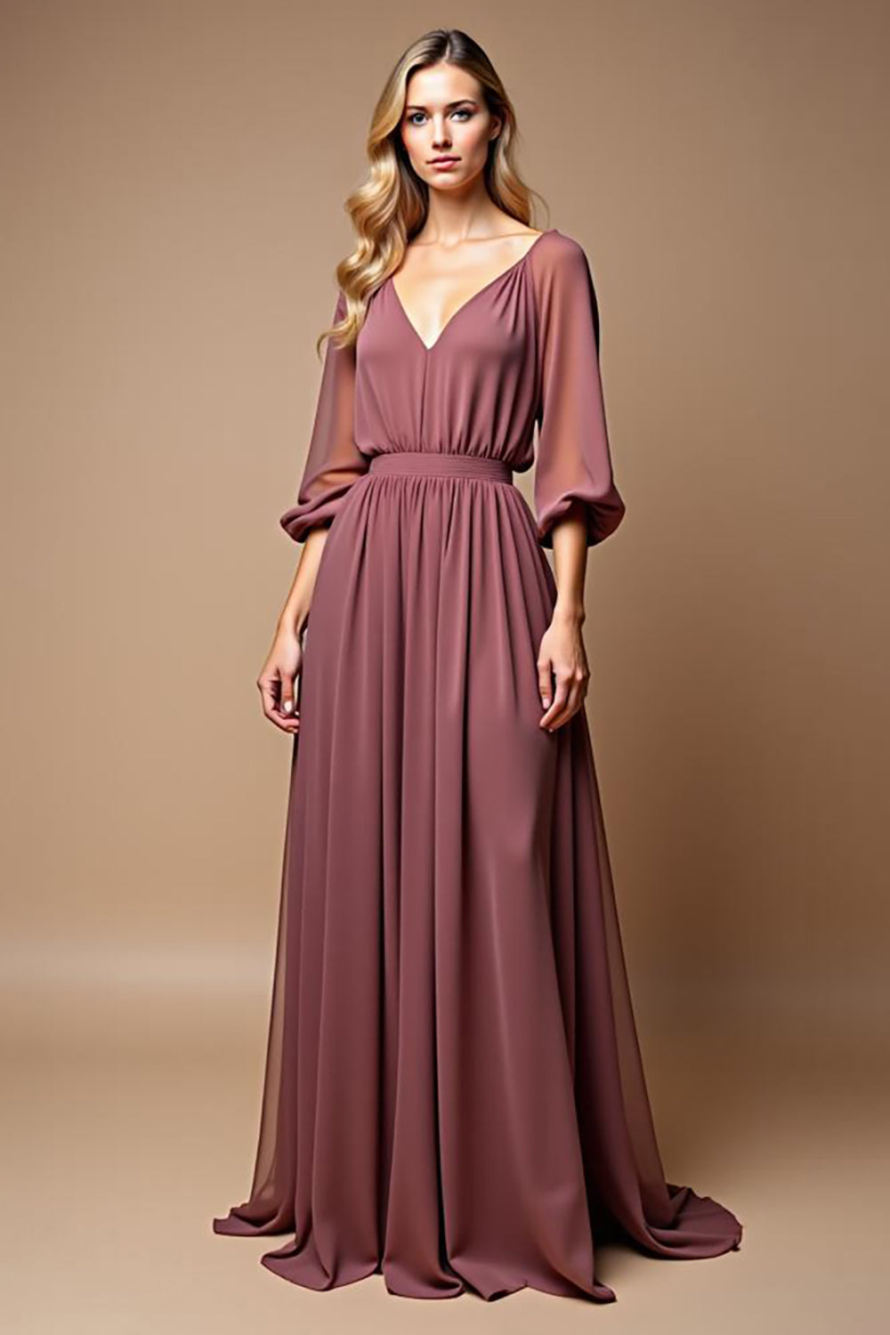 Malva Vintage Linha-A Decote em V Chiffon Longo Vestido Mae Noiva