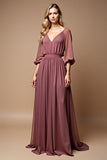 Malva Vintage Linha-A Decote em V Chiffon Longo Vestido Mae Noiva