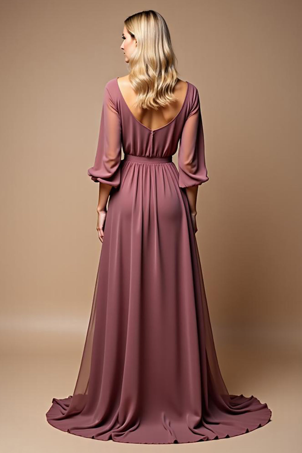 Malva Vintage Linha-A Decote em V Chiffon Longo Vestido Mae Noiva