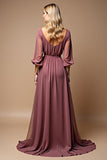Malva Vintage Linha-A Decote em V Chiffon Longo Vestido Mae Noiva