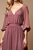 Malva Vintage Linha-A Decote em V Chiffon Longo Vestido Mae Noiva