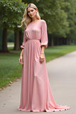 Rosa Meia Manga Chiffon Linha-A Longo Vestido Mae Noiva