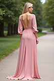 Rosa Meia Manga Chiffon Linha-A Longo Vestido Mae Noiva
