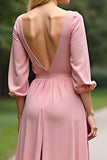 Rosa Meia Manga Chiffon Linha-A Longo Vestido Mae Noiva