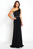Um Ombro Preto Bainha Longo Vestido Mae Noiva com Miçangas