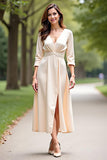 Champanhe Decote em V Linha-A Longo Vestido Mae Noiva com Fenda
