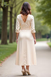 Champanhe Decote em V Linha-A Longo Vestido Mae Noiva com Fenda