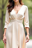 Champanhe Decote em V Linha-A Longo Vestido Mae Noiva com Fenda