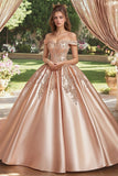Blush Off the Shoulder Vestido Cetim Princesa Quinceanera com Apliques