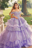 Ameixa Fora do Ombro Tule Vestido Bola Tiered Quinceanera Vestido com Apliques