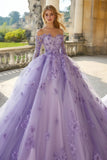 Vestido de bola lilás fora do ombro Tule Applique Quinceanera vestido com mangas compridas