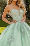 Hortelã Verde Tule Querida Princesa Applique Quinceanera Vestido