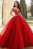 Vestido de bola vermelho fora do ombro tule Applique Quinceanera vestido