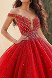 Vestido de bola vermelho fora do ombro tule Applique Quinceanera vestido