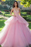 Rosa Querida Tulle Princesa Quinceanera Vestido com Missangas