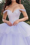 Lavanda Fora do Ombro Tule Ball Gown Applique Quinceanera Vestido