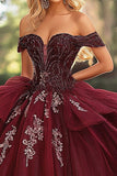 Ball Gown Strapless Borgonha Fora do Ombro Vestido Quinceanera