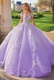 Vestido de bola lilás da princesa fora do ombro tule vestido quinceanera com apliques