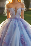 Vestido de bola de lavanda princesa fora do ombro tule vestido quinceanera com flores 3D