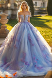 Vestido de bola de lavanda princesa fora do ombro tule vestido quinceanera com flores 3D