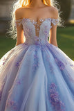 Vestido de bola de lavanda princesa fora do ombro tule vestido quinceanera com flores 3D