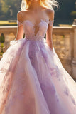 Vestido de bola lilás da princesa fora do ombro tule vestido quinceanera com apliques de renda
