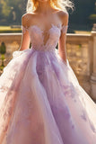 Vestido de bola lilás da princesa fora do ombro tule vestido quinceanera com apliques de renda
