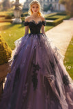 Princesa Preto Fora do Ombro Tule Vestido Quinceanera com Apliques de Renda