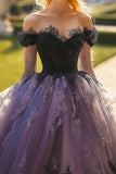 Princesa Preto Fora do Ombro Tule Vestido Quinceanera com Apliques de Renda