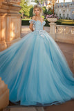 Princesa Sky Blue Ball Gown Fora do Ombro Tule Laced Appliques Quinceanera Vestido com Arco