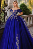Vestido de bola azul real fora do ombro tule vestido quinceanera com apliques