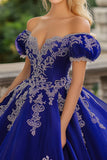Vestido de bola azul da princesa real fora do ombro tule vestido quinceanera com apliques de renda