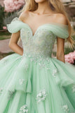 Vestido de bola de hortelã da princesa fora do ombro babados tule vestido quinceanera com apliques de renda