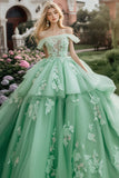 Sparkly Mint Ball Gown Off the Shoulder Ruffles Tule Quinceanera Vestido com Apliques Sequined