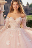 Vestido de bola rosa princesa fora do ombro mangas compridas tule quinceanera vestido com apliques de renda