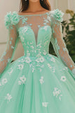 Mint Ball Gown Boat Neck Appliqued Tulle Quinceanera vestido com mangas compridas