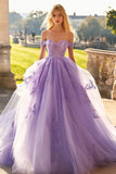 Lilás Off The Shoulder Tule Appliqued Vestido Quinceanera