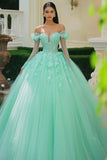 Princesa hortelã fora do ombro tule aplicado vestido quinceanera