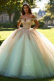 Vestido de bola de champanhe brilhante fora do ombro tule vestido quinceanera com frisos